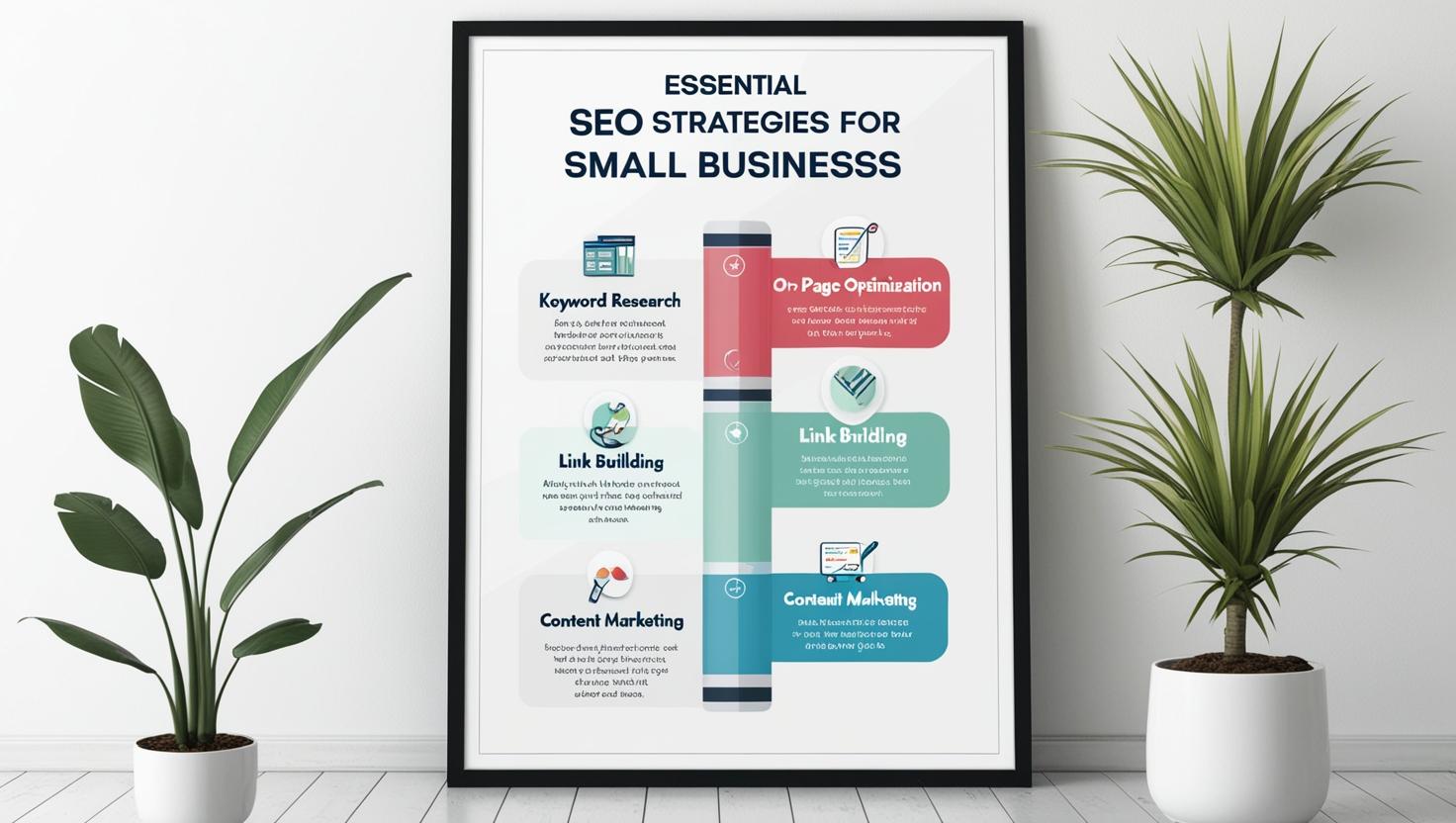 Visual representation of SEO strategies every small business can implement, featuring key components like keyword research and technical SEO.